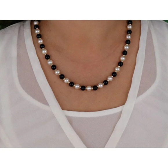 14k Yellow Gold Freshwater Pearl, Onyx, Gold Bead Strand Necklace 19.25" - Picture 3 of 8